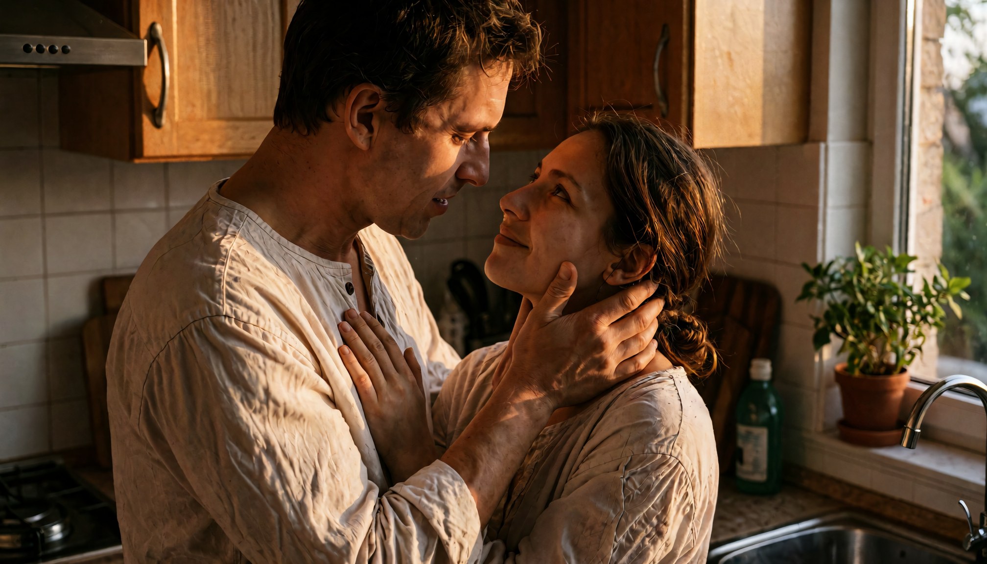 A couple shares a tender moment in the kitchen, a simple gesture and a few words to pay a sincere compliment