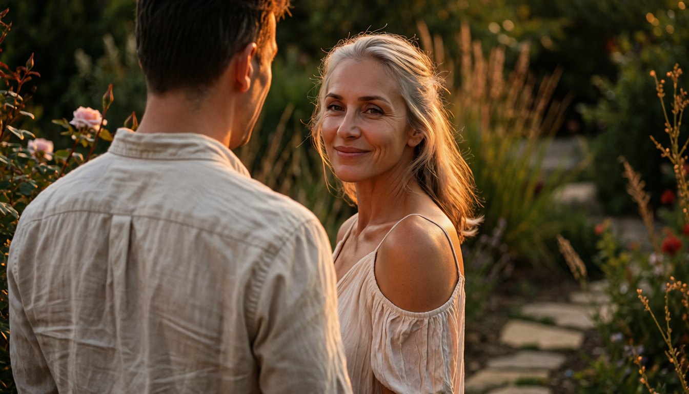 A silver-haired woman in a summer dress gives her partner a knowing look in a garden bathed in golden light.