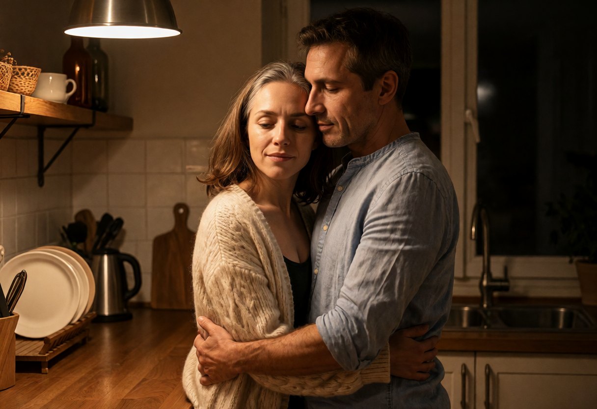 A couple in their fifties embracing in their kitchen late in the evening, her head resting on her partner's shoulder, in warm light.