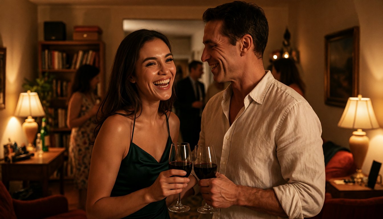 At a party, a man and a woman talk standing up, leaning toward each other: she laughs, he looks at her with a smile.