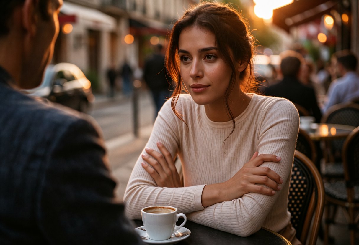 A woman on a café terrace, arms crossed and a thoughtful smile, listens to the person opposite in the golden evening light.
