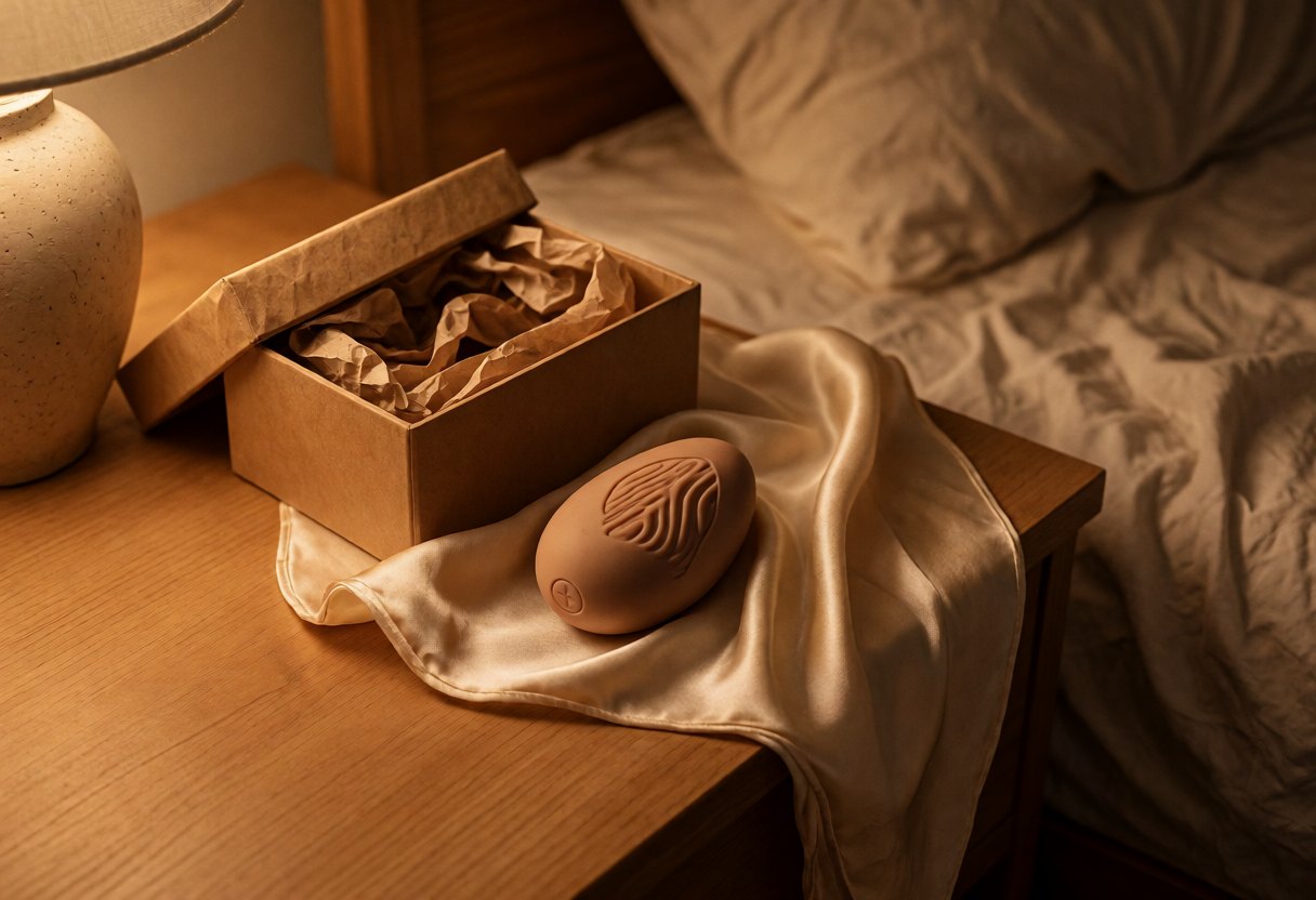 A small sand-coloured vibrator resting on a silk scarf, next to an open gift box, on a bedside table lit by a warm lamp.