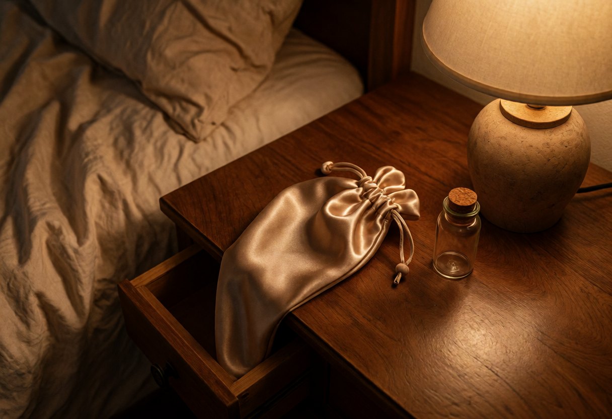 A half-open nightstand drawer with a satin pouch peeking out, next to a small glass bottle and a lit lamp.