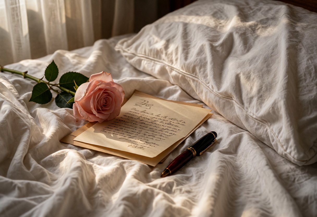 A folded letter, its envelope, a pen and a flower lying on a rumpled pillow in soft morning light.