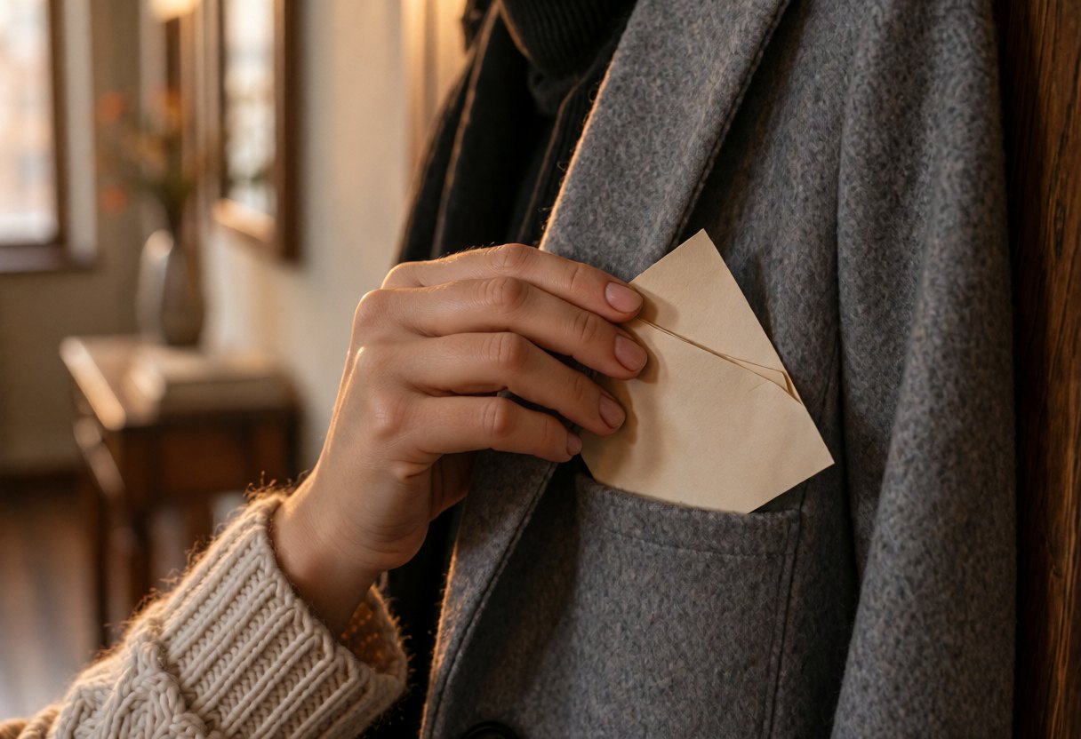 A hand discreetly slips a small folded note into the pocket of a wool coat, in the hallway of an apartment early in the morning.