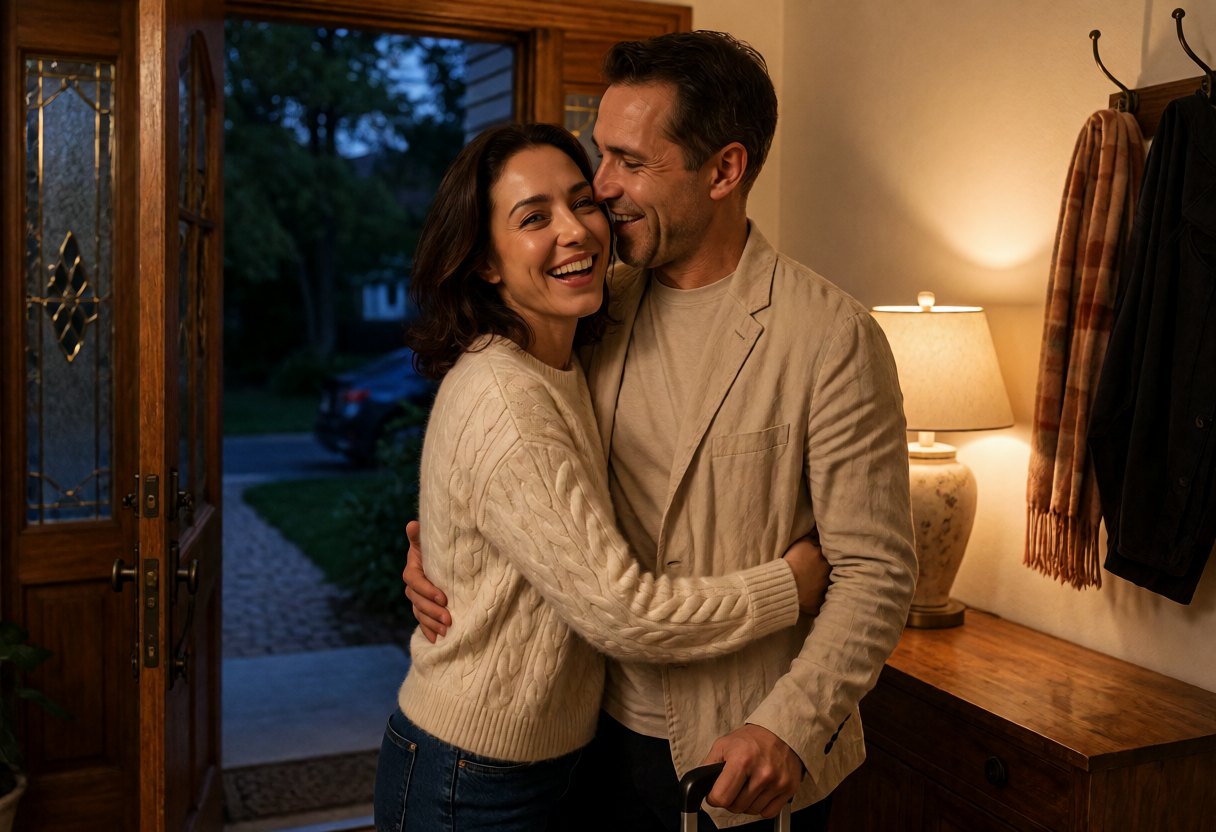 A woman laughs as she welcomes her partner home from a trip, suitcase in hand, in the warm entryway of their house at nightfall.