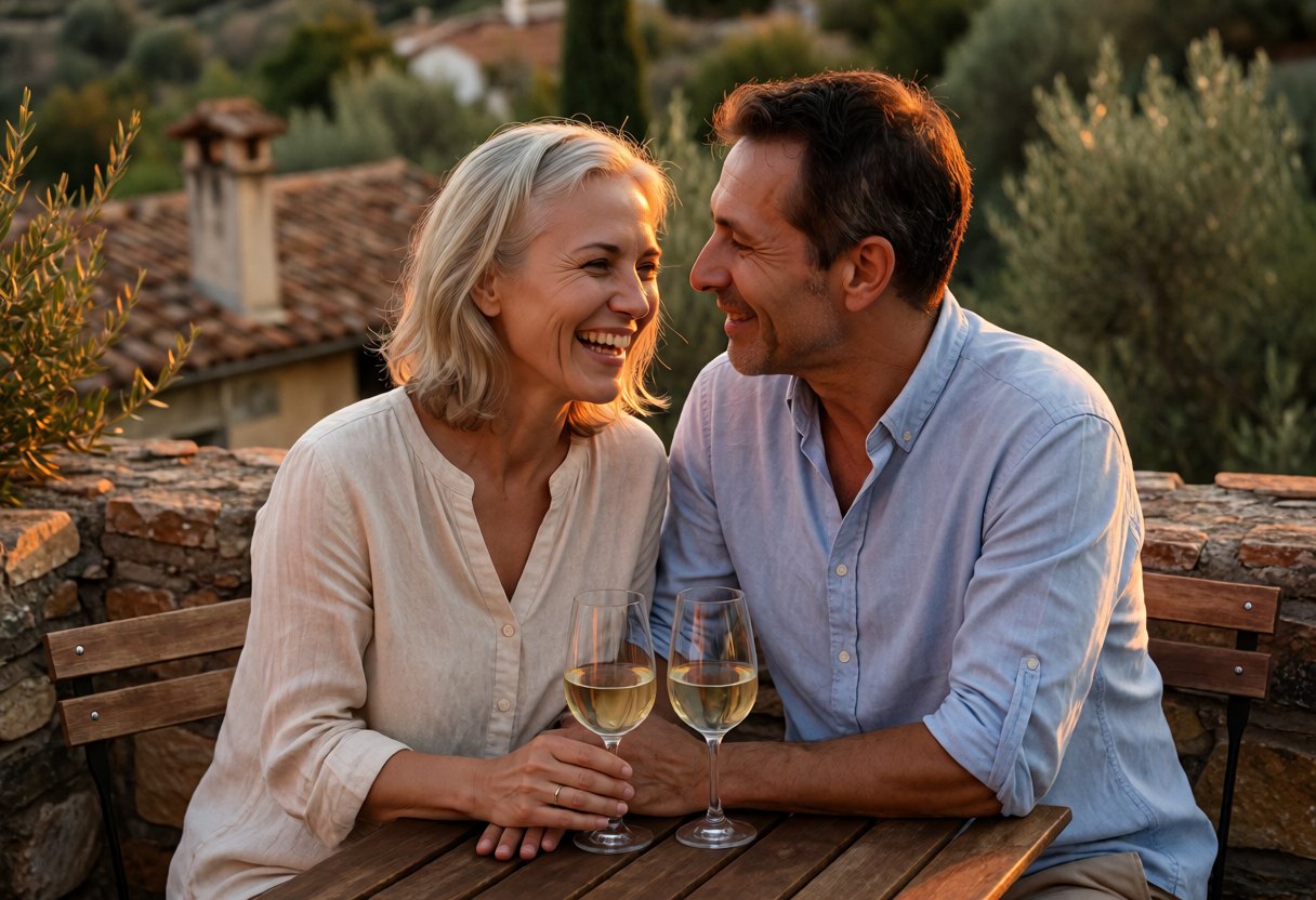 A couple in their fifties laughing on a terrace at sunset, their hands brushing near two glasses of wine.