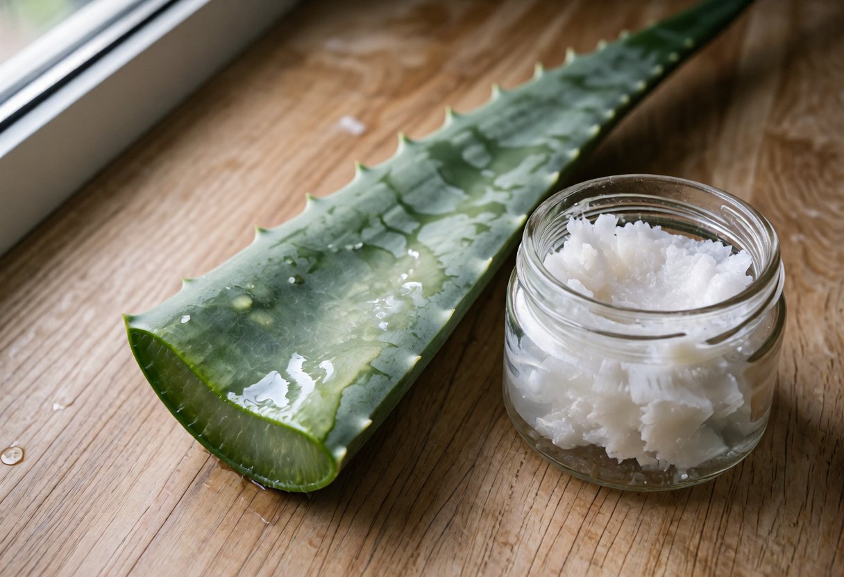 Cut aloe vera leaf, jar of clear gel and pot of coconut oil on a light wood countertop