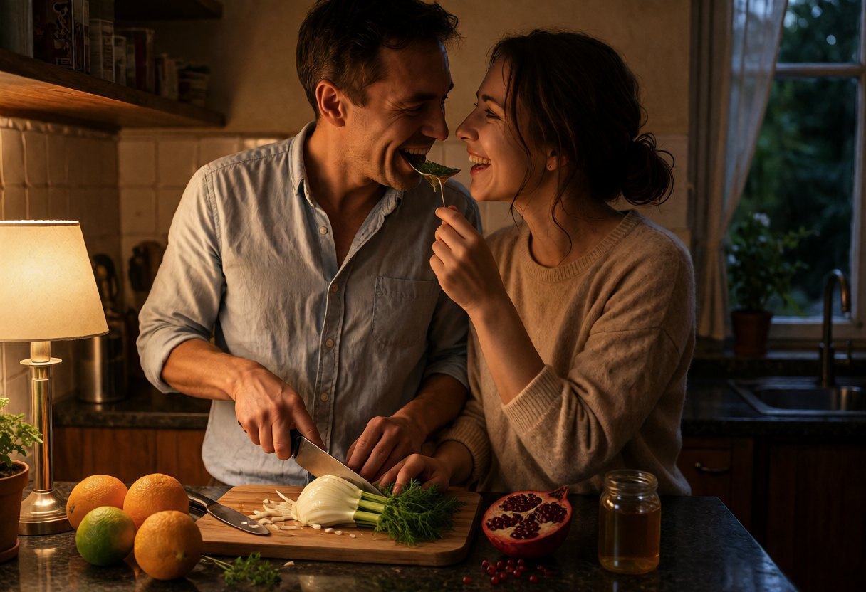 A couple laughs as they cook side by side: one slices fennel, the other offers a taste of the sauce from a spoon.
