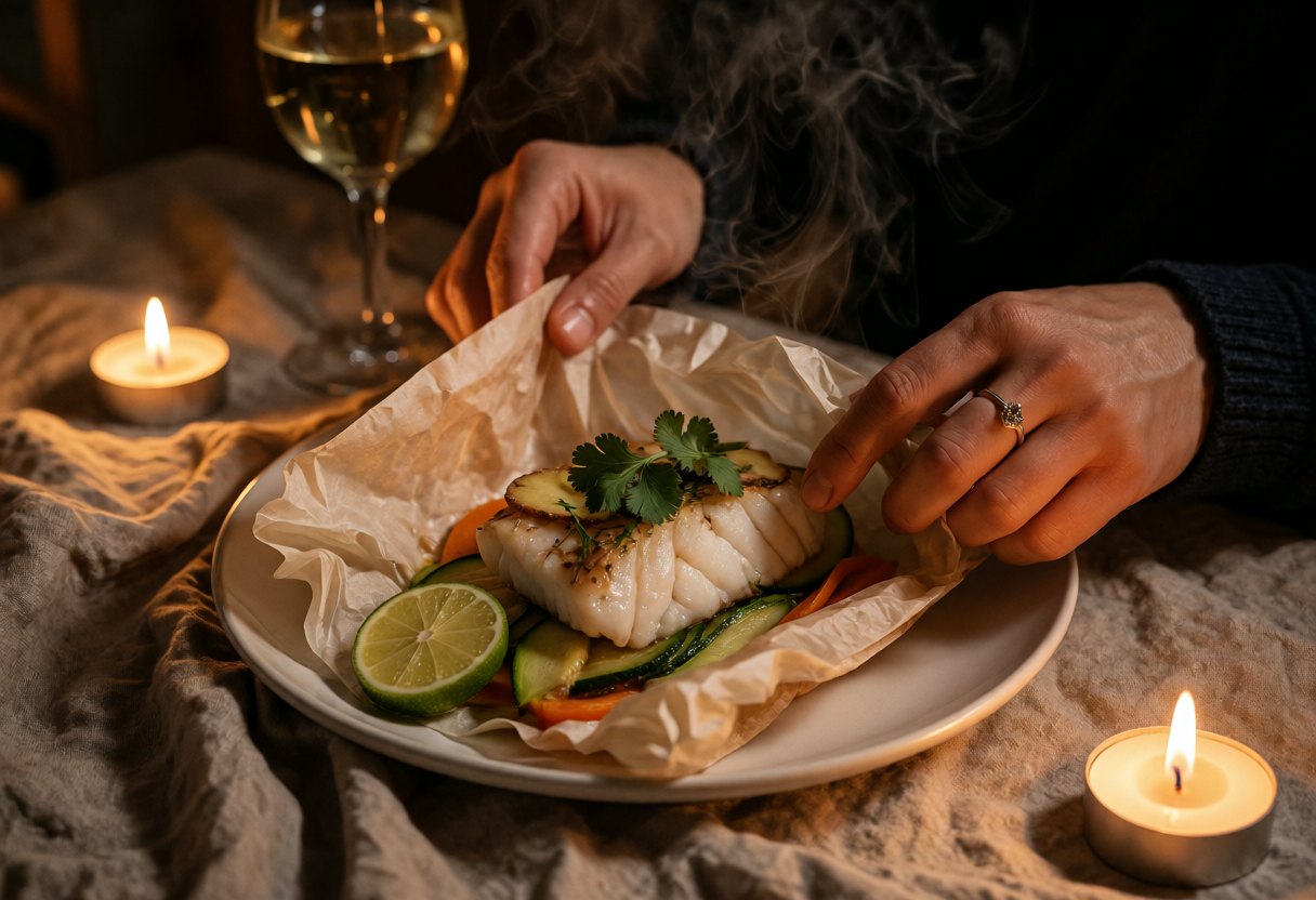 Two hands open a cod parcel in a cloud of steam, on a candlelit dinner table