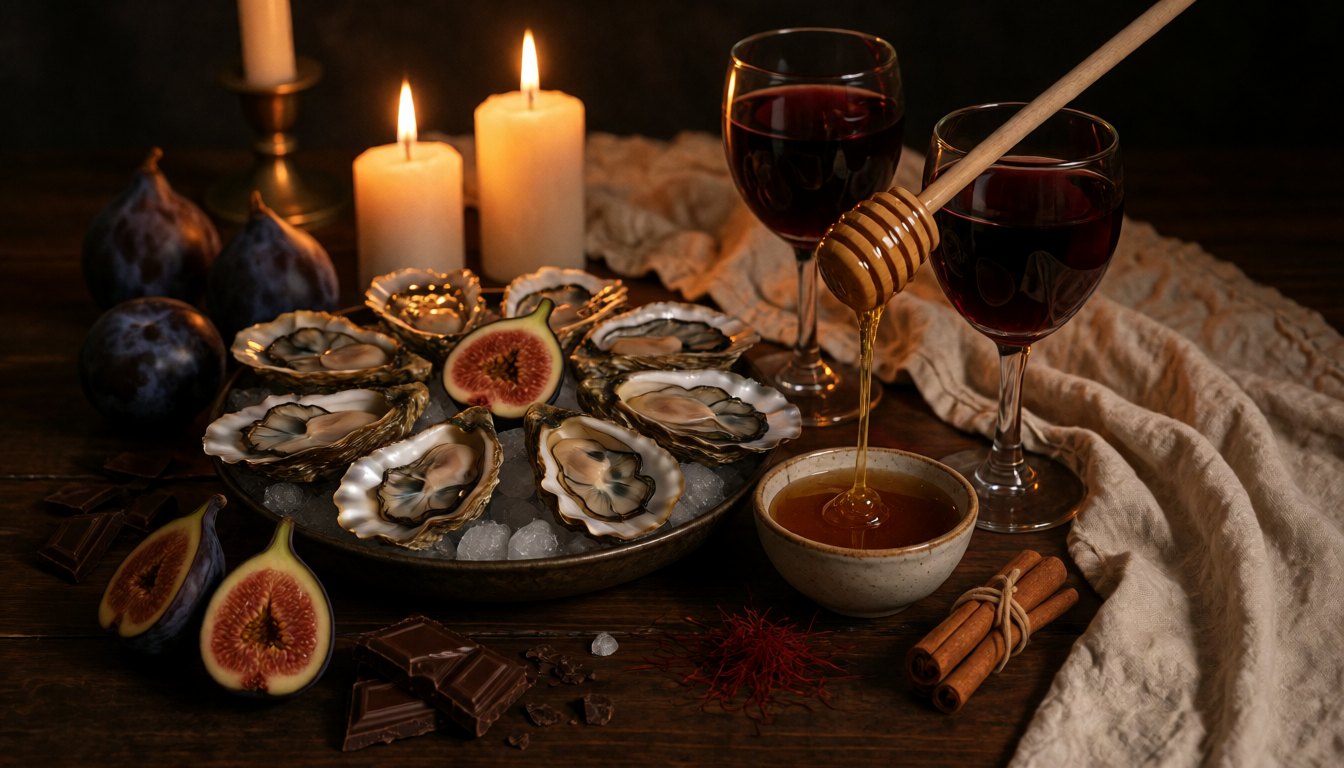 Oysters, figs, dark chocolate, honey, saffron, cinnamon and two glasses of red wine on a wooden table, by candlelight.