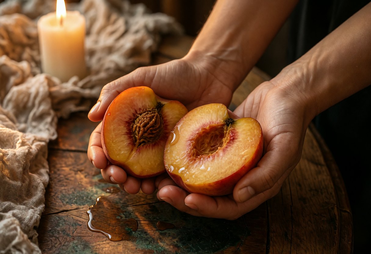 Two hands sharing a ripe peach cut in half on a wooden table, in the golden light of late afternoon.