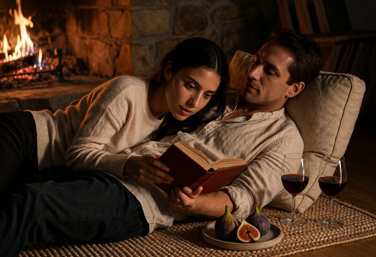 A couple lying on a rug in front of the fireplace, she reads him a text in a low voice, figs and wine within reach.